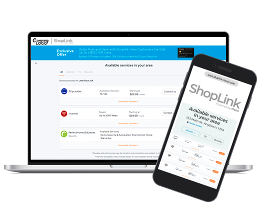 ShopLink 'Available services in your area' storefront on a laptop and phone